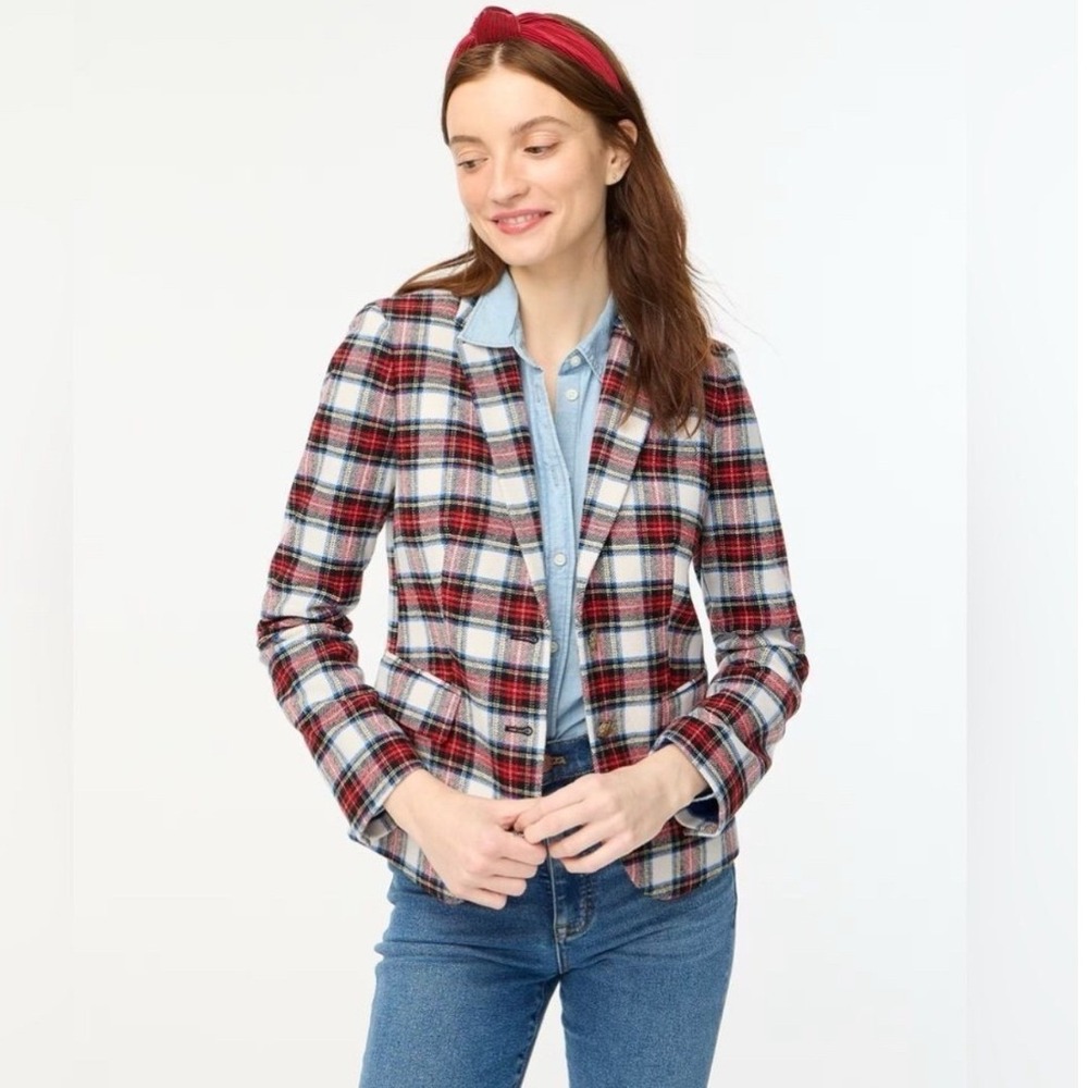 J.Crew Parke Blazer Women 12 Red Plaid Excellent Wool Blend Gold Button BV125